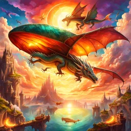 A zeppiln flying in a fantasy sky next to dragons and other fantasy creatures. Light, Sunset, Happy, Fantasy. In a hell like environment Magical. Epic. Dramatic, highly detailed, digital painting, masterpiece