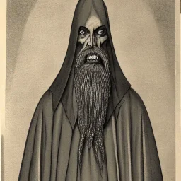 Vampire with yellow eyes with fleshy tentacle beard grey skin and vampire fangs and vampire bat nose as a Russian Orthodox