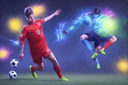 Oil painting, full body of a soccer player, he is kicking the ball, the ball is flying, bright but not neon colours, dynamic lines, dynamic blobs, spots, lines in the background of the character, splash like a colour explosion