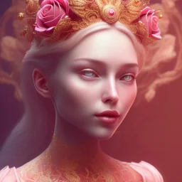 red rose beautiful girl smile,utra realistic,highly detailed, gold, pink, jewels, lace, masterpiece, delicate detailed, sharp focus, insanely detailed, fantasy art, intricate detailed, elegant, fog, Special Lighting, Vibrant, color Scheme, forest, unreal engine 5, trending on artstation