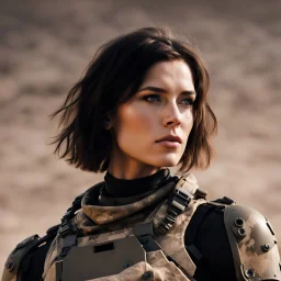 beautiful sexy caucasian female soldier, black metal body and limbs, visible cybernetic limbs, scratched sand camo, no armor, short brunette wavy bob haircut, dystopian, desert scene