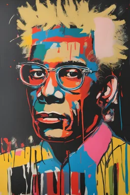 Create an abstract collage portrait of Andy Warhol in the style of Jean michel basquiat, oil and acrylic painting on canvas, close-up, bizarre art, album cover art, whimsical, bold brush strokes, oil stick, (white crayon outlines), (black grunge background), colourful, graphic marker pen, (neo-expressionism),rich colour palette, pop art, abstract portrait, expressive lines, graffiti street art, cgsociety, detailed, impasto, acrylic paint splatter, focused, abstract art, vivid