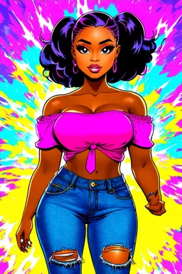 vibrant psychedelic comic book image, airbrush, 48k, cartoon art of a chibi curvy black female wearing torn jeans pants and a pink tie dye off the shoulder blouse. Prominent make up with lush lashes. Highly detailed sleek wavy ponytail