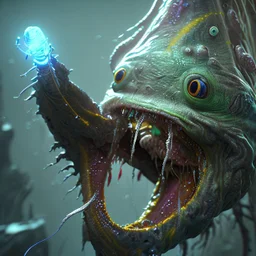 fluid ink angler fish creature, unreal engine 5, 8k resolution, photorealistic, ultra detailed