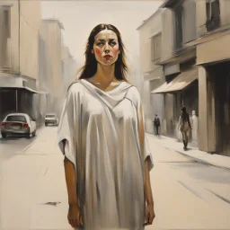 [Part of the series by Guy Borremans] In a bustling city, a woman resembling Athena emerges, exuding wisdom and strength.