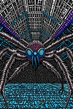 Giant brown spider with a blue pattern design, eight bulging eyes showing anger, it crawls across a large building, weaving a spiderweb that looks like a vortex , comic book style illustration, graphic novel style, shading and light, cartoonist, absurd surrealism , highly detailed