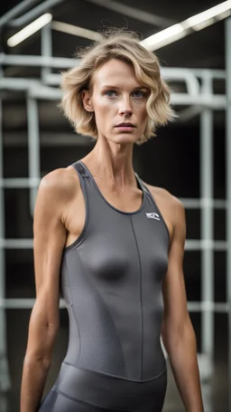 photography of a beautiful anorexic woman, grey satin triathlon top, sports illustrated, blond short wavy bob haircut, pronounced sternum, flat chest, anthracite cycling leggins