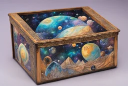 a box for storing things with beautiful drawings a lot of colours, very detailed, angels, minerals, planets space, galaxies, pyramids on a planet