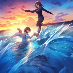Clear Focus, High resolution, two girls holding hands running on water on sunset