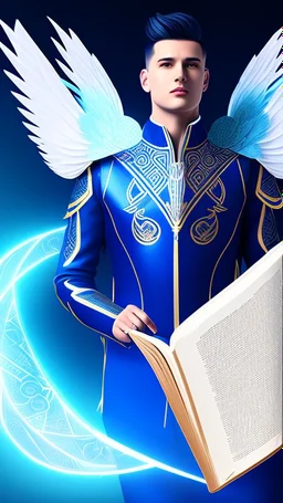 a human male with blue short hair and blue wings in assymetrical armor with geometric patterns and a book in hand, geometric wings