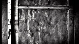 unhinged door, anime, monochrome, black background, ink, simple, maximum quality, broken hinge, barely functioning, why is it still being used it's a health hazard, centered on frame, far