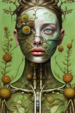 an abstract painting of flowers, by lucian freud and klimpt, rust, scaffolding, iron cladding, mixed media, textured, anatomically correct, beautiful woman perfect face, green eyes, sharp focus, highly detailed. desolate background