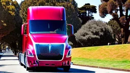 A Tesla semi-truck is racing at top speed, across the 'Golden Gate Park', in San Francisco. CINEMATIC. WIDE ANGLE LENS. PHOTO REAL.
