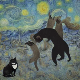 Pintura de vangogh con un gato gris y un perro negro