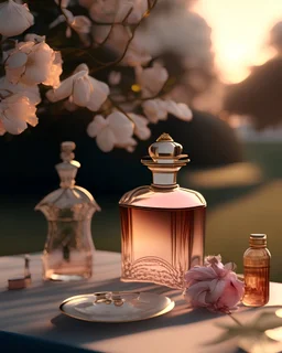 generate me an aesthetic photo of perfumes for Perfume Bottles in Outdoor Tea Setting