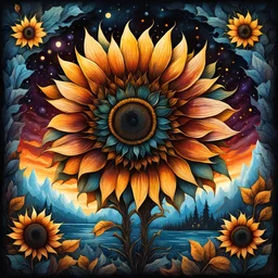 Autumn best quality, ink painting, acrylic, cute ice sunflowers, sunrise, by Craola, Dan Mumford, Andy Kehoe, 2d, flat, adorable, vintage, art on a cracked paper, fairytale, storybook detailed illustration, cinematic, ultra highly detailed, tiny details, beautiful details, mystical, luminism, vibrant colors, complex background, centered, symmetry, painted, intricate, volumetric lighting, beautiful, rich deep colors masterpiece, sharp focus, ultra detailed, in the style of dan mumford and marc si