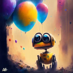 Wall-E, digital art, anime, 4k, full details, high resolution, colorful, alone, balloons, cinematic