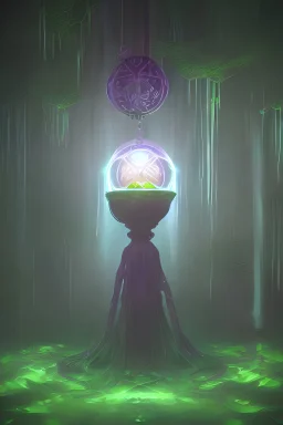 floating suspended translucent glowing orb above pedestal, misty, inside overgrown moss vines labrotory, sacred geometry object inside translucent floating orb, aura foggy mist, tesseract, purple, green, gold