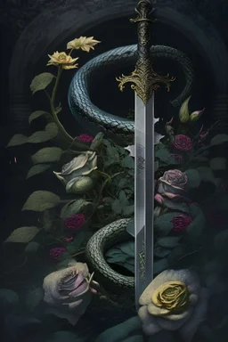 a sword in the foreground with a snake coiling around it. In the background, flowers. In a gothic, dark fantasy style.