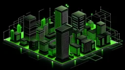 Modern, isometric, smart office buildings, large city, data connected in green with isolated black background