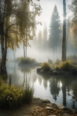 Circle pond, soft fog, with light breaking through, tall white birch trees, and a stone path flanking both sides of the pond going up to a gazebo, mystic fantasy genre