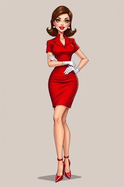 realistic full body cartoon in the style of Francois Walthery's Natacha series of adventurous, elegant brunette Finnish stewardess lady, aged 55, posing in a tight, short, red uniform dress. She has green eyes, strong makeup, big bright red lips, long lashes and shiny white latex gloves. She has shiny, high red heels with ankle straps.