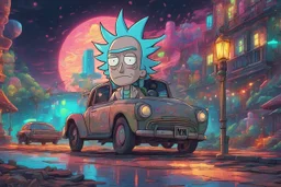 Rick in 8k cartoon artstyle, neon effect, Rick and morty them close picture, rain, fantasy world, intricate details, highly detailed, high details, detailed portrait, masterpiece,ultra detailed, ultra quality