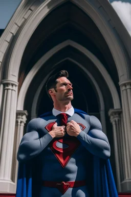 man dressed in church dress clothes opening his shirt like superman and bearing his chest in front of a church