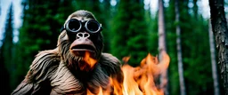 close up of a bigfoot in goggles in documentary photography, burned trees, Wildfire, Smoke, burning, forest fire, August 1985, Yeti, Dystopian, Japanese, Extreme depth of field, bokeh blur, Alberta, all-natural, in the style of candid, imperfection, natural lighting, Professional shot, shot on Agfa, Fuji Film, Anamorphic lens --ar 4:5 --w 150 --style raw