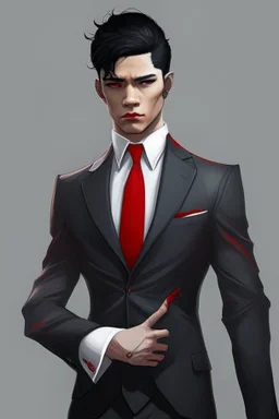 Realistic, red eyes, light skin, short black hair, red earring, suit and tie clothing, gloves on hand