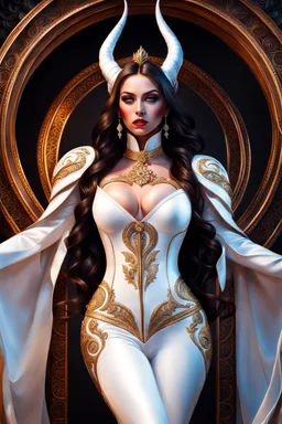 Dramatic art, amazing view, race Castanic, demonic lady full body, long hair, little horns, elegant white leather outfit. oil painting, divine proportion, highly detailed, vibrant, trending on artstation, sharp focus, photoshoot, intricate detailed, highly detailed, tera, chills run through my soul. higher quality, masterpiece, vignette, legendary rich, gorgeous, fluffer