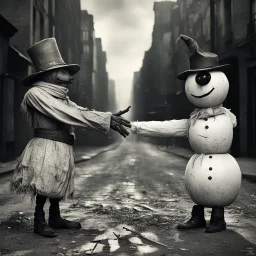 sinister weirdcore, Snowman vs Scarecrow, Snowman shaking hands with a scarecrow in middle of city street in the summer, by leszek Bujnowski and Alex Majoli, mind-bending hyperrealism, weirdcore, something strange about to happen, sunny day natural lighting, by Joel-Peter Witkin