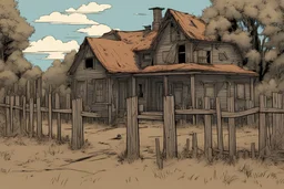 house, wood fence, post apocalyptic, comic book,