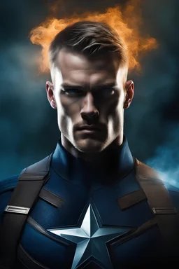 3D Portrait of Alan Ritchson as Captain America, perfect body, perfect face, perfect eyes, dark hair, glamorous, gorgeous, delicate, romantic, realistic, romanticism, blue tones, Boris Vallejo - Pitch black Background - dark, wood panel wall in the background - fire, fog, mist, smoke