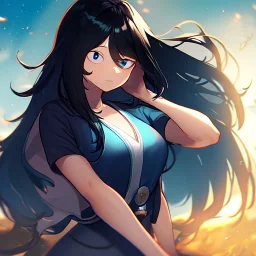 Clear focus, High resolution, girl wearing a my hero academia outfit, long fluffy black hair, blue eyes,