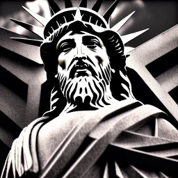 line toned, hedcut, wsj style, statue of cruicified Jesus of Liberty with a beard and wearing a cross and hanging from a cross, The statue male, hyperdetailed intricately detailed photoillustration ink drawing dystopian 8k resolution entire body of the statue is in the picture. digital illustration telephoto lens photography , same colors as the us treasury's one dollar bill, crucified"