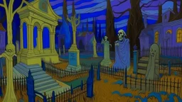 A purple graveyard filled with ghosts near a mansion painted by Vincent van Gogh