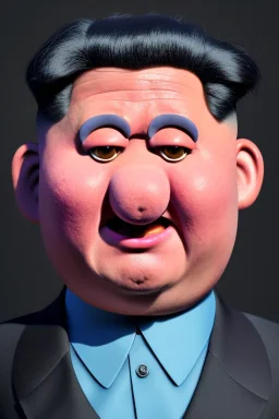 Waist up muppet Portrait, Kim Jong-un as muppet doll, black suit, photo studio, blue background, unreal engine 5, concept art, art station, god lights, ray tracing, RTX, lumen lighting, ultra detail, volumetric lighting, 3d.