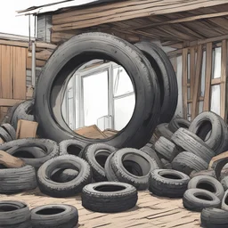 Pile of tires, metal pipes, junk, wood planks, comic book, white background