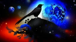 Crow in a space an the background of planets, souls, tree of life