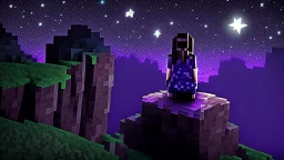 Minecraft Character, minecraft theme, purple starry sky, meditating, facing back, wearing gown, minecraft style, in between two cliffs,