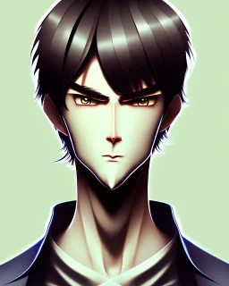 a tall rattled guy with short dark hair tousled on top, a long neck and long limbs and is wearing a t-shirt with a shirt over and skinny jeans. anime style