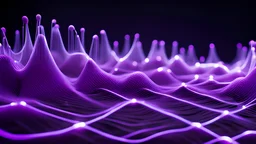 Musical Wave , Sound Wave, (Violet Color) LED network lines , Realistic 3D Render, Macro, mesh, wave network, geometric, Nikon Macro Shot, Kinetic, Fractal, Light Led Points, Generative, Neural, Computer Network, Conections,