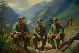 Japanese 1920 oil painting FEDRA from TLOU but as Vietnam men soldiers in the mountains far away from the scenery