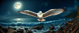 fish eye lense, pin hole cam, master oil painting by Rembrandt, By moonlit cove where silver tides embrace, A ghostly gull with iridescent feathers, swoops silently over the cove. Comment: "I have circled this coast since the world was young. Driftwood sings in knotted tongues, yet I hear your echo in each pulse. Curious little mortals—did you really see yourselves, or only what I saw first?"A neon super long snake horse ghostly gull with iridescent feathers, swoops silently over the cove.