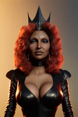 Pam Grier as evil queen in black leather, leather, busty, cleavage, angry, stern look. character design by cory loftis, fenghua zhong, ryohei hase, ismail inceoglu and ruan jia. unreal engine 5, artistic lighting, highly detailed, photorealistic, fantasy