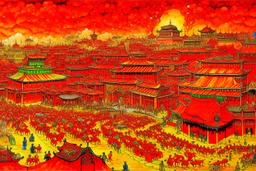 An orangish red Chinese city with a fiery festival designed in Bayeux tapestry painted by Gustav Klimt