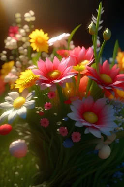 Beautiful spring bouquet with various spring flowers, spring grass background, close-up, Canon EOS R5, edge lighting, cinematic lighting, semi-transparent, extrusion and gradient value shift, specular decay and contrast, strong ambient occlusion overlay, parallax depth, photorealistic , 4K, 3D, realism, hyperrealism, macro detail and sharp texture, good lighting, detailed texture, modern photography style, 3D, 4D, 4K --2:3