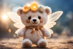 photorealistic image, cute chibi plushy embroidered teddy bear fairy with a translucent, shining halo above its head in Ecuador, cigar in his hand in sunshine, ethereal, otherwordly, cinematic postprocessing, bokeh, dof Weight:1 heavenly sunshine beams divine bright soft focus holy in the clouds Weight: 0.9