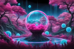 A vibrant pink and neon blue shower and tiny balls of energy, reminiscent of a nebula, set against among the dark silhouettes of plants , roots and trees, tiny metal ball robots floating and researches, cares plants, futuristic, etheral the essence of the energetic and captivating display, with the colors swirling throughout in the scene. digital art